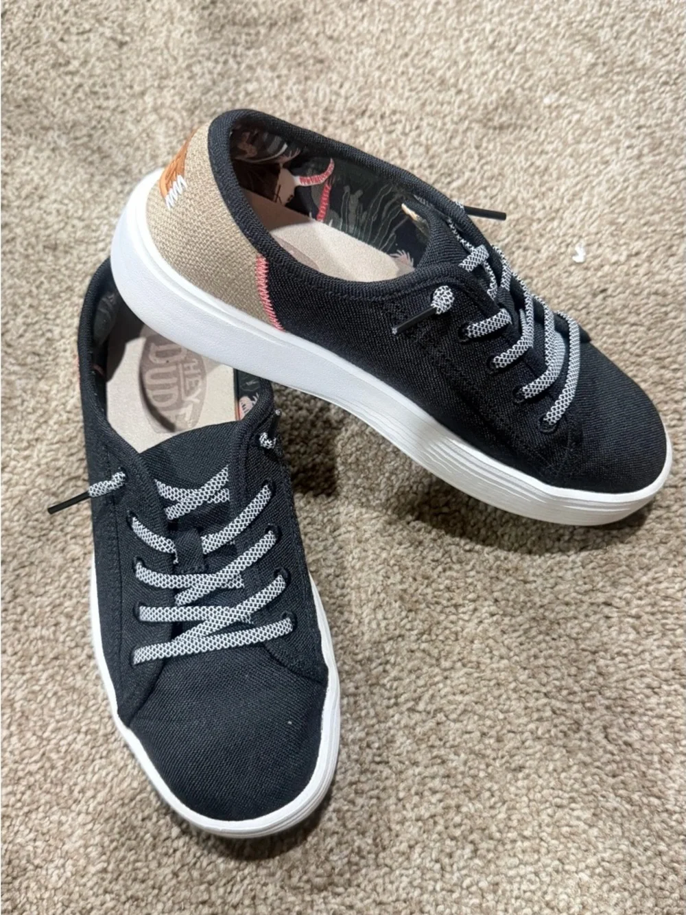 Hey Dude Black Canvas Sneakers with Tan Heel Patch and White Soles - Picture 2 of 5